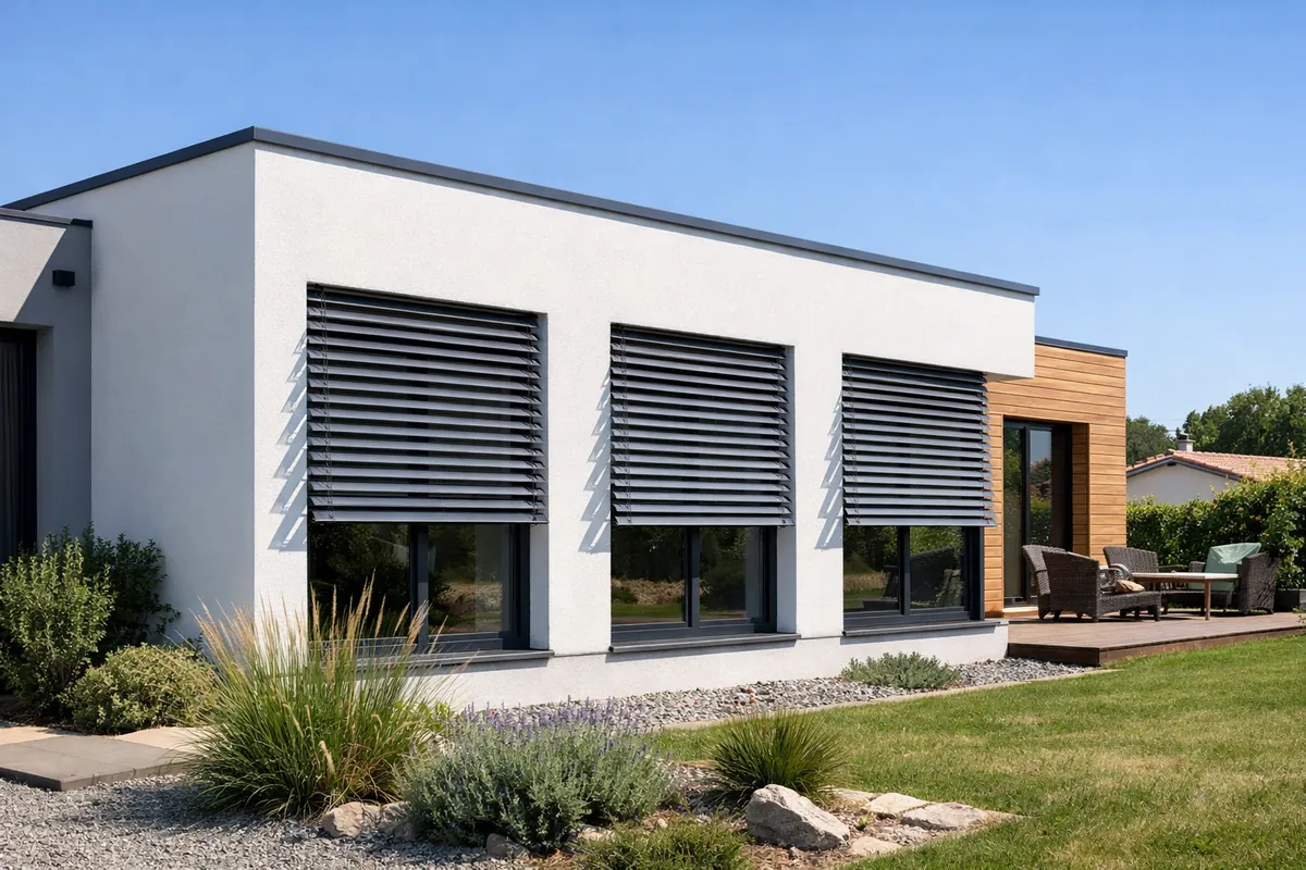 Brise-soleil orientables aluminium gris à lames inclinées sur les fenêtres d'une maison à toit plat, lumière du sud-ouest
