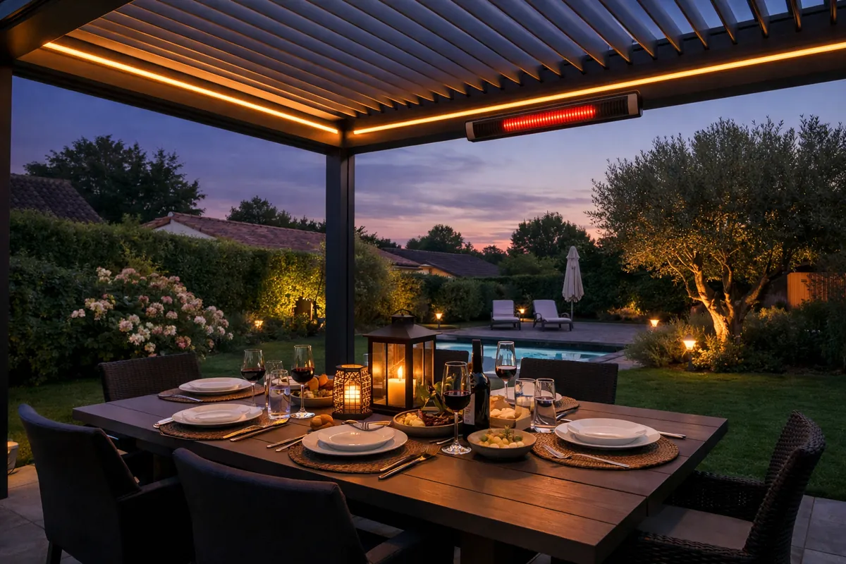 Soirée sous une pergola bioclimatique avec rubans LED allumés et radiant infrarouge fixé à la traverse, table dressée
