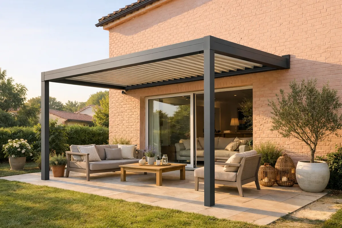 Pergola bioclimatique adossée à une façade en brique rose, terrasse attenante au séjour avec baie vitrée ouverte