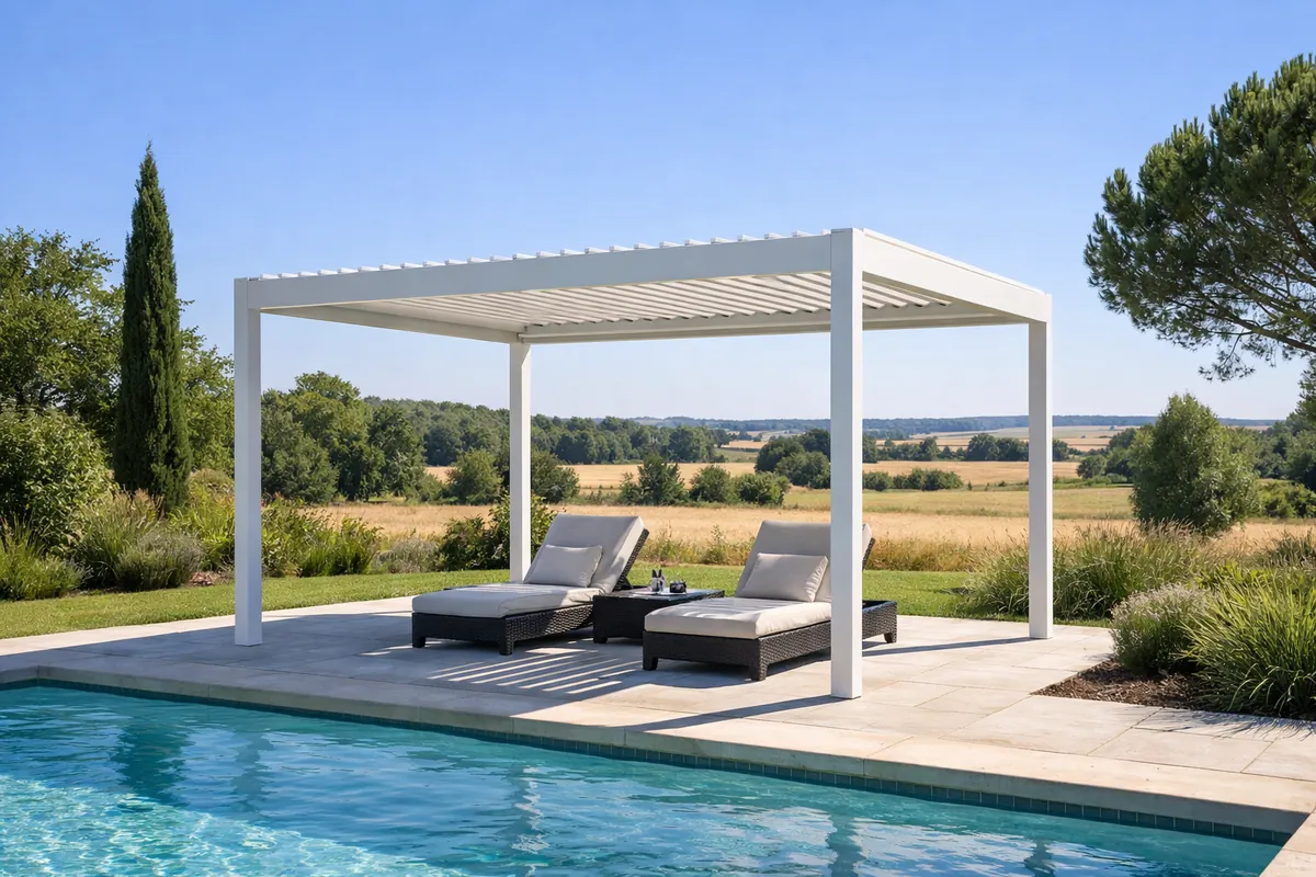 Pergola autoportée avec stores latéraux screen descendus sur deux côtés, ambiance de fin de journée