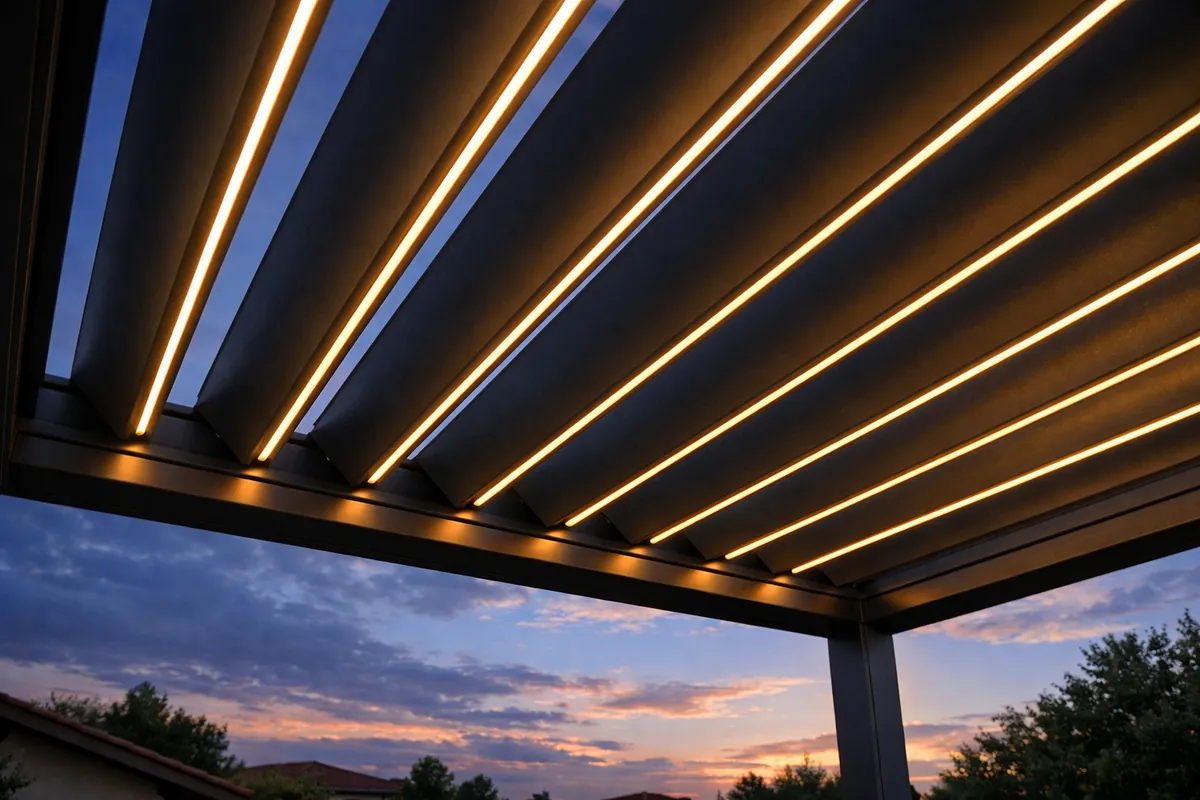 Vue de dessous de lames orientables de pergola bioclimatique avec éclairage LED intégré au crépuscule