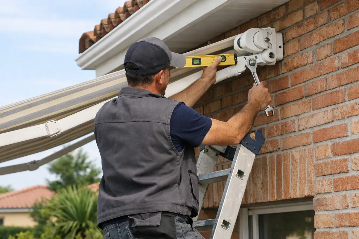 Store banne compact coffre intégral blanc déployé sur un balcon d'immeuble en brique, ville du sud-ouest