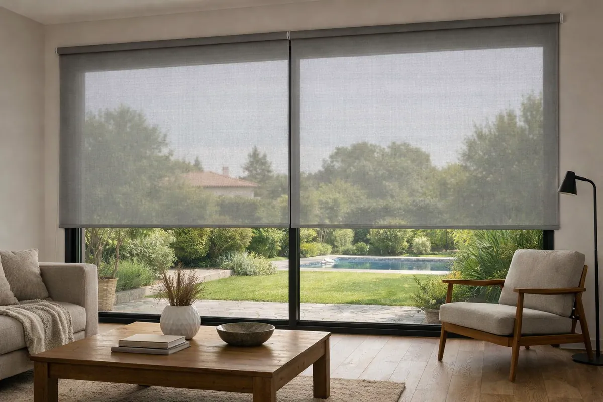 Stores enrouleurs screen gris déroulés sur une grande baie vitrée de séjour contemporain, vue sur le jardin